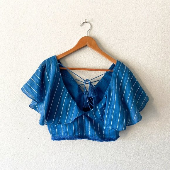Revolve Tularosa Zoey top In Indigo crop top metallic silver striped tied boho L - Picture 7 of 9